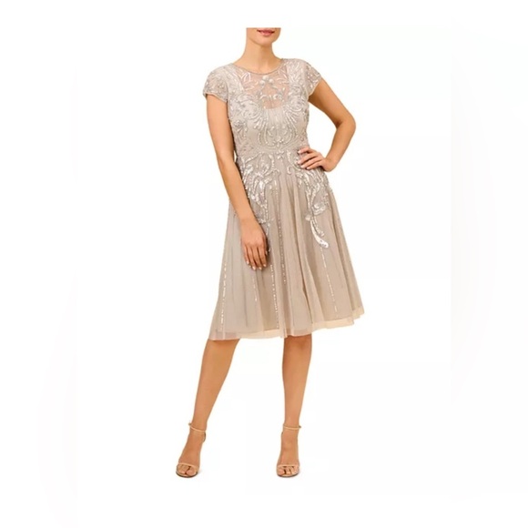 Aidan Mattox | Adrianna Papell Silver Beaded Short Sleeve Dress Size 6 - Picture 2 of 13